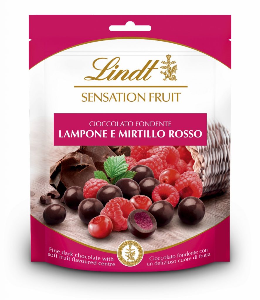 Praline Sensation Fruit Lindt Lampone e Mirtillo Rosso cioccolato fondente rivestito novità estate 2019