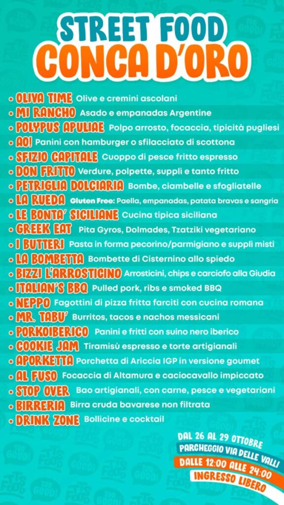 Menu street food TTS FOOD Roma Conca d'Oro 26 29 ottobre 2023